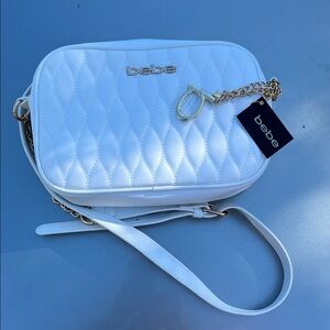 Bebe Quilted White Crossbody Bag with Gold Accents